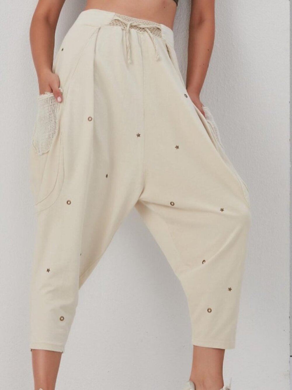Rosidam Cream Embellished Drop Crotch Pants